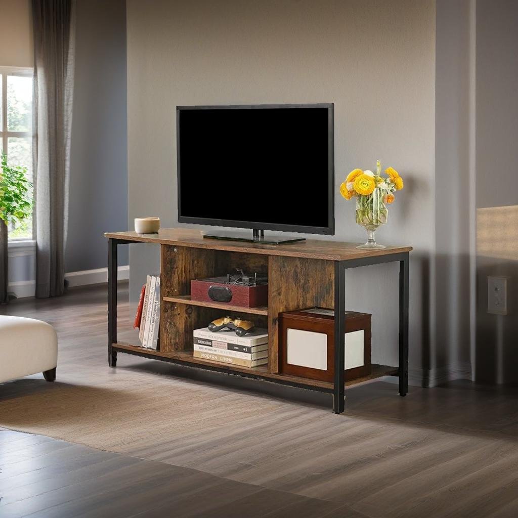 Rustic TV Stand for TVs up to 60 Inches – Industrial Entertainment Unit with Open Shelves, 120 x 40 x 50 cm