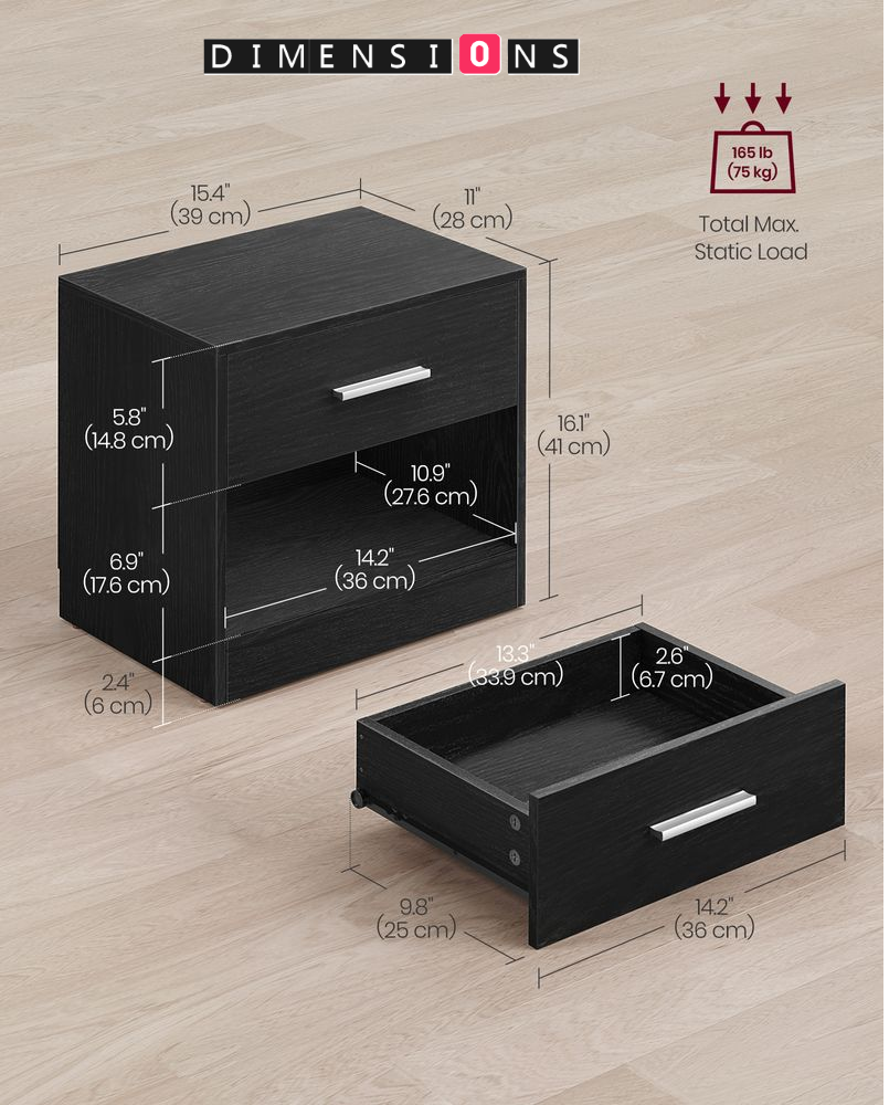 Set of 2 Bedside Tables with Drawer and Handle - Black