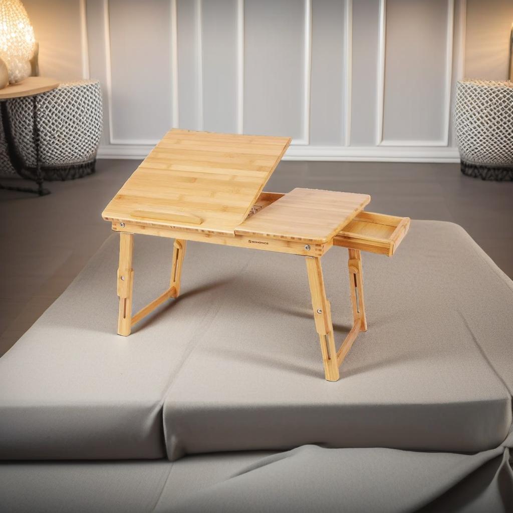 Bamboo Folding Laptop Bed Tray Table with Adjustable Top, Drawer & Legs, 54.5x34.5x29cm