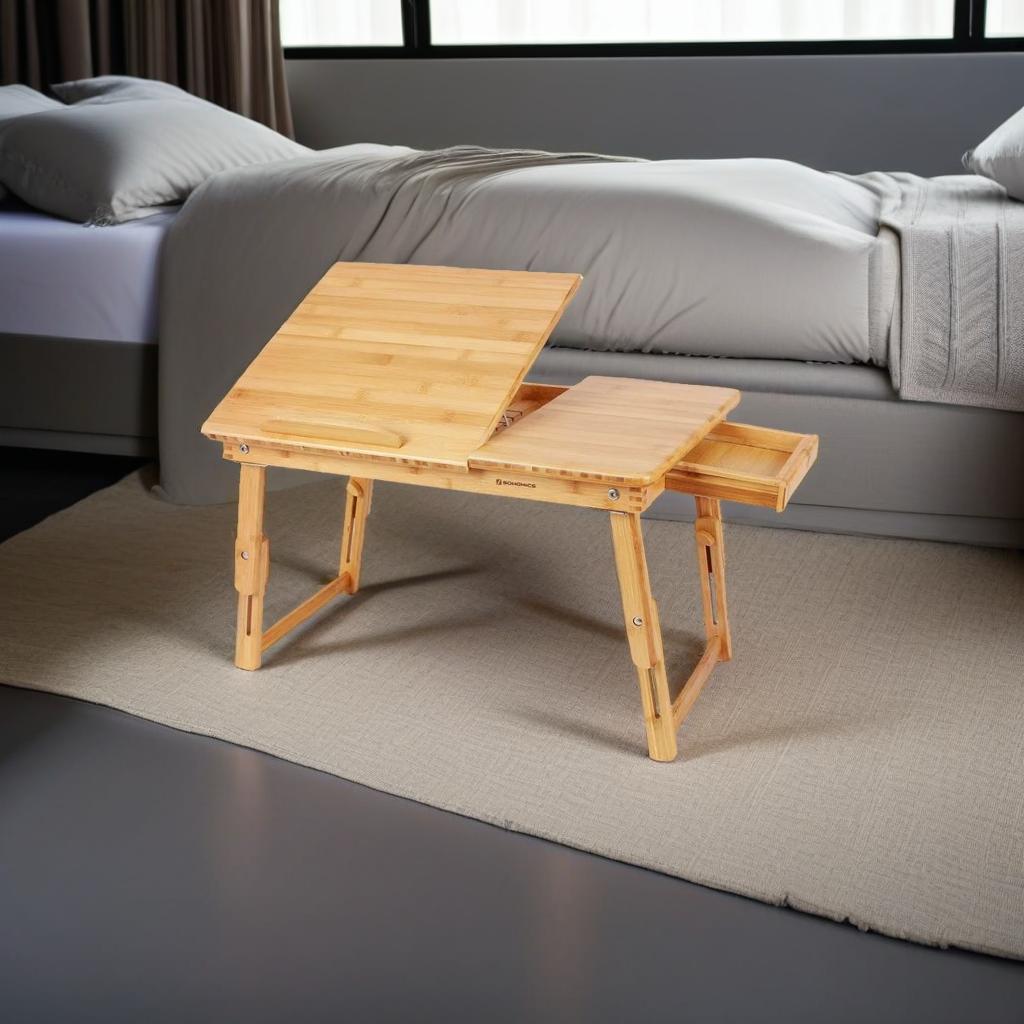 Bamboo Folding Laptop Bed Tray Table with Adjustable Top, Drawer & Legs, 54.5x34.5x29cm
