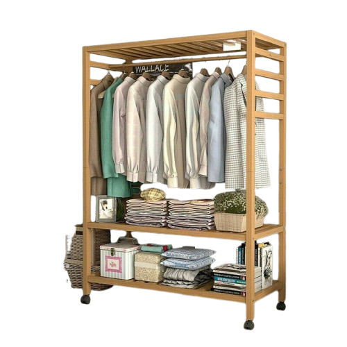 Heavy Duty Wooden Clothes Stand – Garment for Open Wardrobe with Wheels