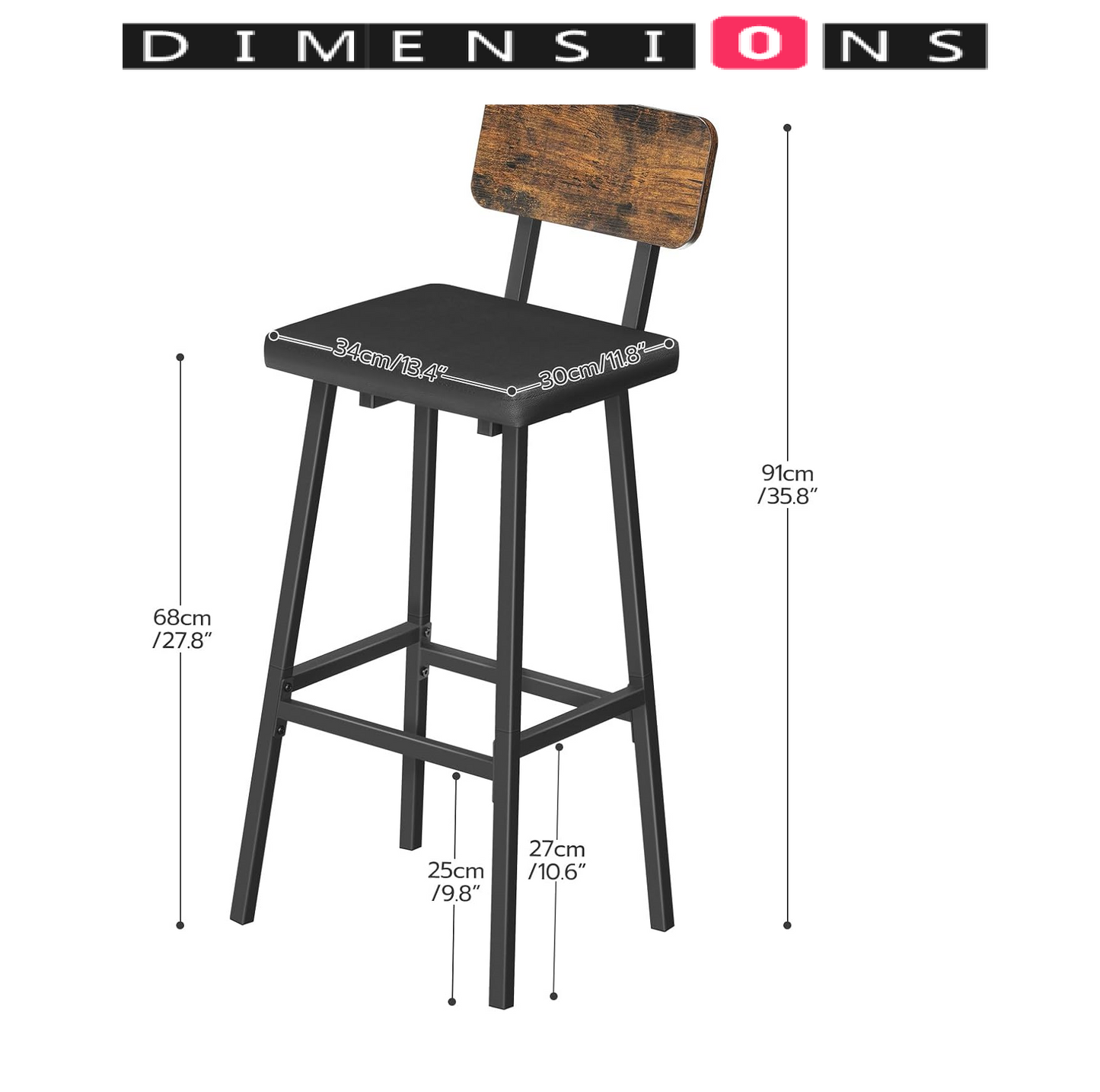 Set of 2 Industrial PU Upholstered Bar Stools – Breakfast Bar Chairs with Backrest