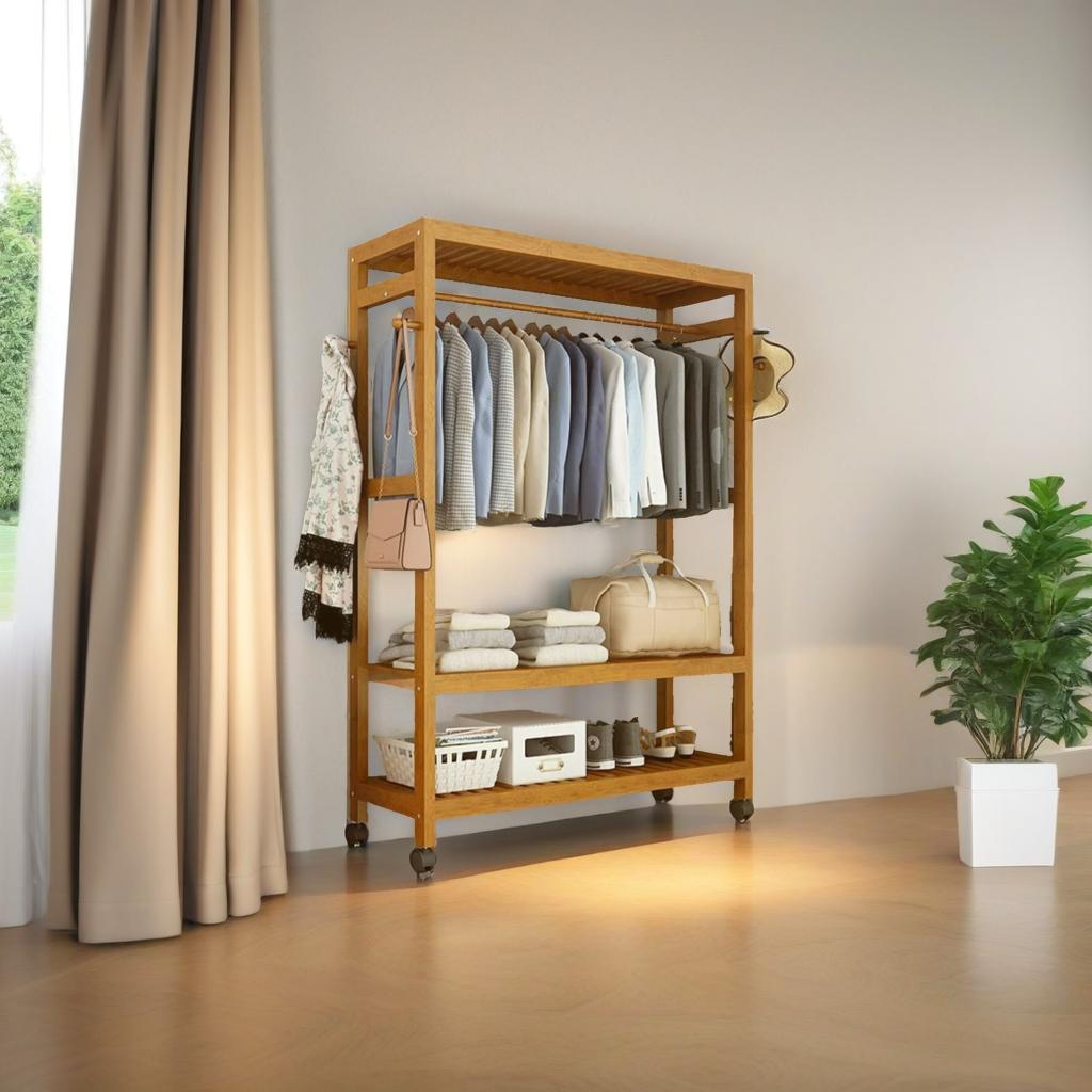 Heavy Duty Wooden Clothes Stand – Garment for Open Wardrobe with Wheels