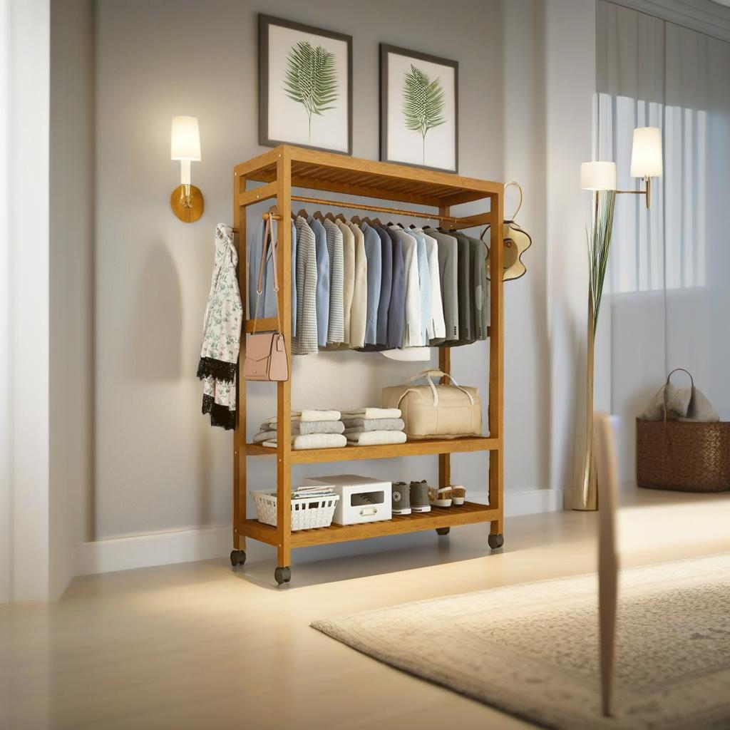 Heavy Duty Wooden Clothes Stand – Garment for Open Wardrobe with Wheels