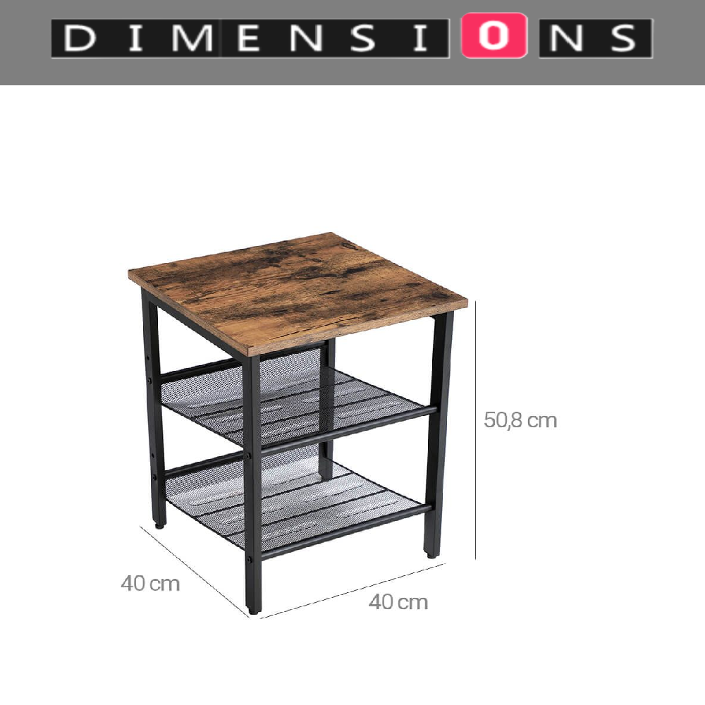 Set of 2 Industrial Side Tables – Rustic Brown & Black Nightstands with Adjustable Mesh Shelves