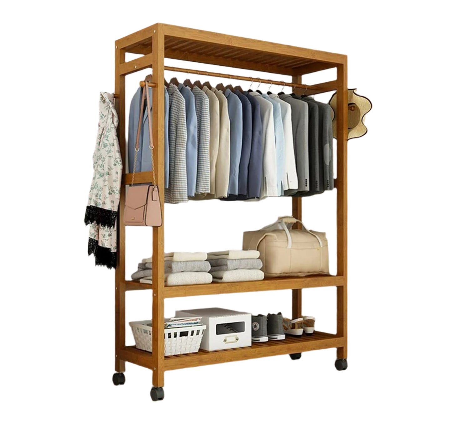 Heavy Duty Wooden Clothes Stand – Garment for Open Wardrobe with Wheels