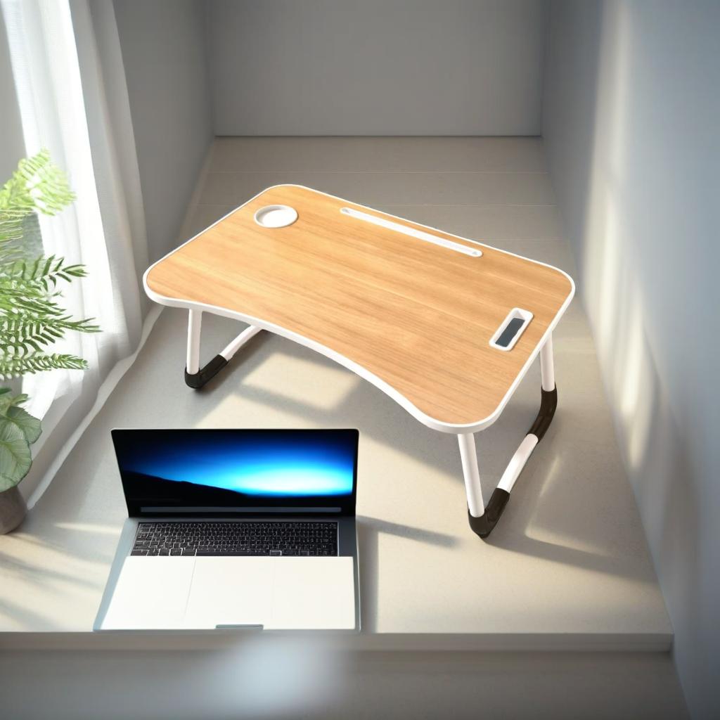 Folding Laptop Bed Table with Cup Holder, Lap Desk Tray for Sofa, Breakfast, Portable, Walnut