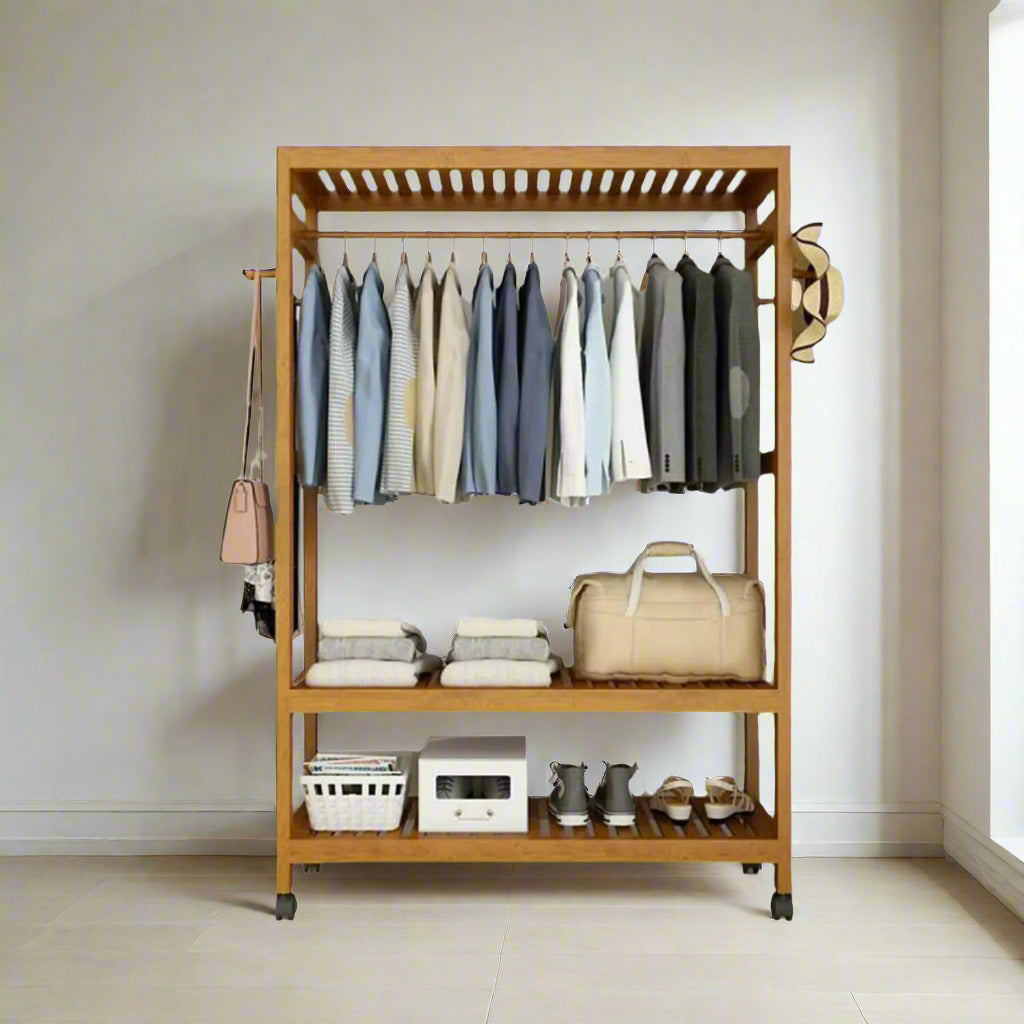 Heavy Duty Wooden Clothes Stand – Garment for Open Wardrobe with Wheels