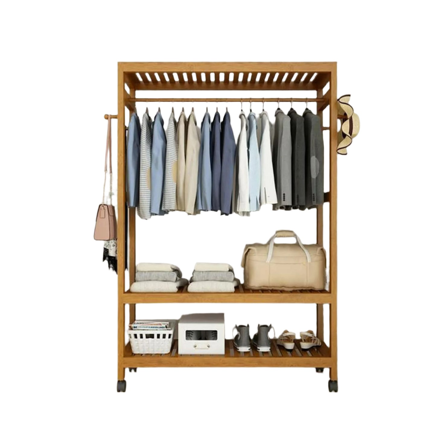 Heavy Duty Wooden Clothes Stand – Garment for Open Wardrobe with Wheels