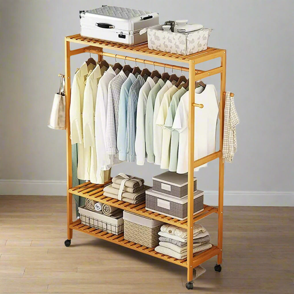 Heavy Duty Wooden Clothes Stand – Garment for Open Wardrobe with Wheels