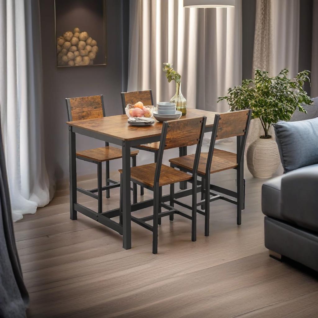 Set of 4 Industrial Dining Chairs with Steel Frame and Rustic Brown Particleboard Seats