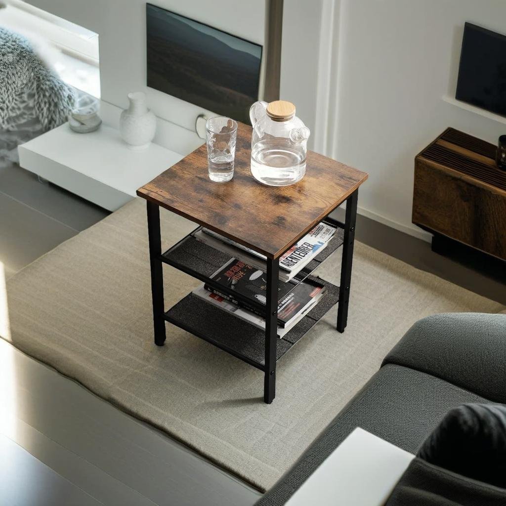 Set of 2 Industrial Side Tables – Rustic Brown & Black Nightstands with Adjustable Mesh Shelves