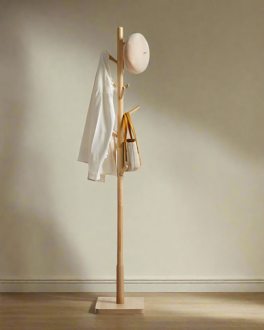 "Rubberwood coat rack with adjustable height, square base, and smooth natural finish—easy to assemble, stylish, and stable for home or office use."