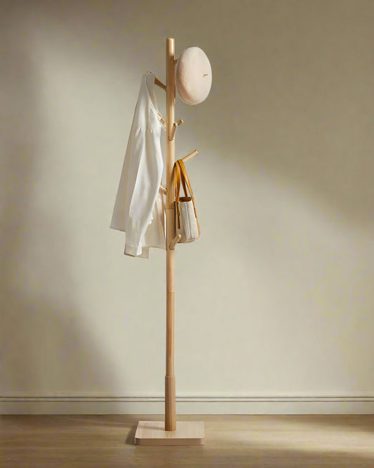 "Rubberwood coat rack with adjustable height, square base, and smooth natural finish—easy to assemble, stylish, and stable for home or office use."