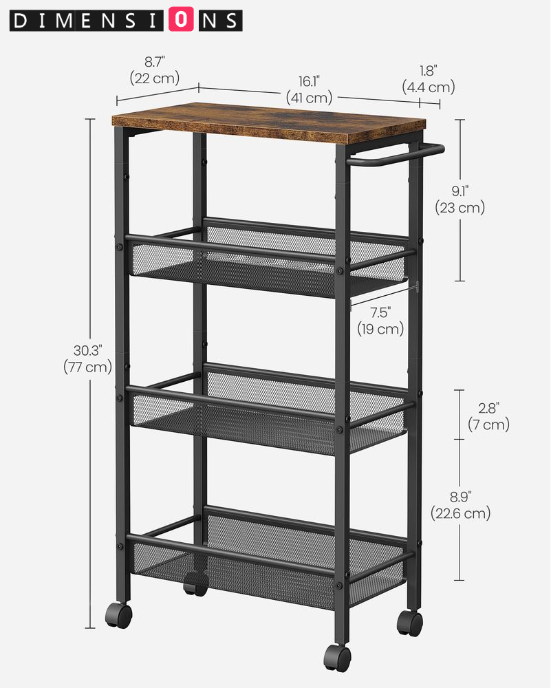 Slim 4-Shelf Rolling Trolley, Space-Saving Kitchen Cart with Wheels, Rustic Brown and Black