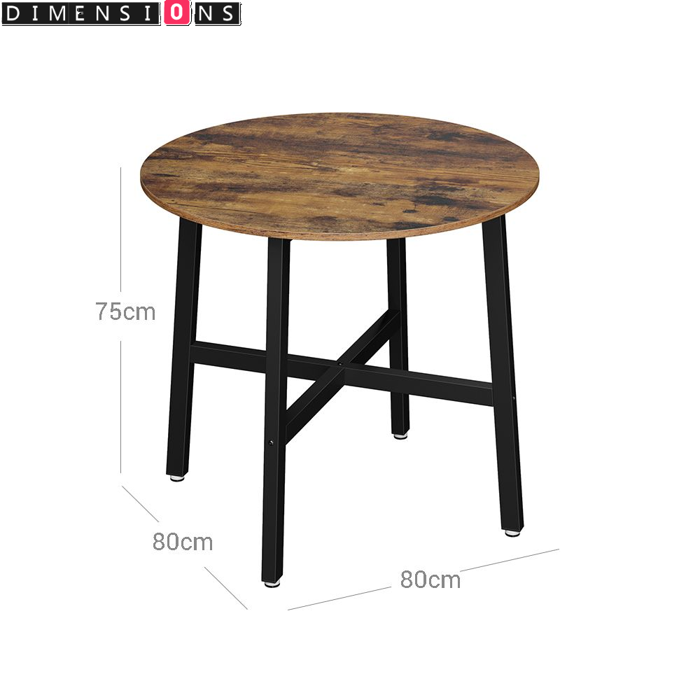 Round Dining Table, Rustic Brown Top with Black Steel Frame, Industrial Style for Kitchen or Office