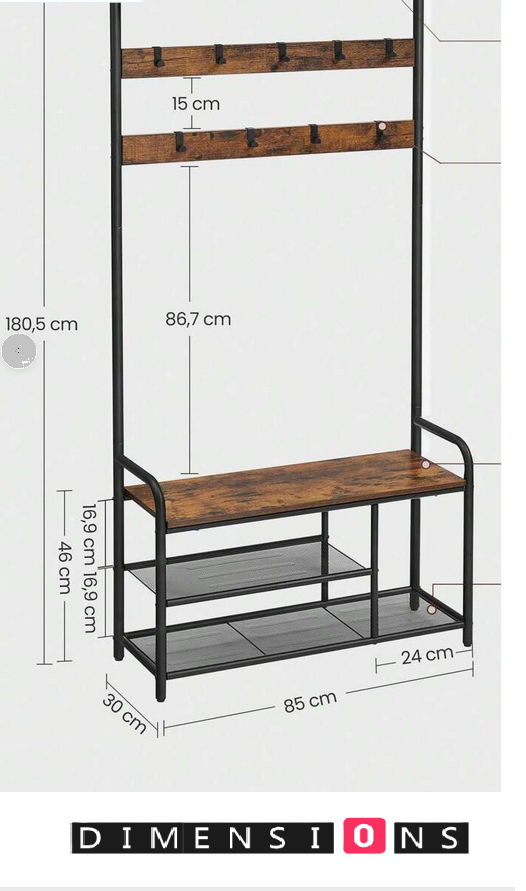 Industrial Coat Tree with Shoe Storage Bench – 9 Hooks