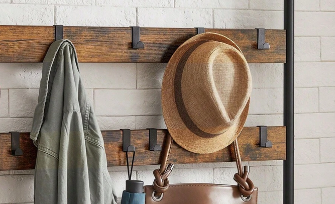 Industrial Coat Tree with Shoe Storage Bench – 9 Hooks