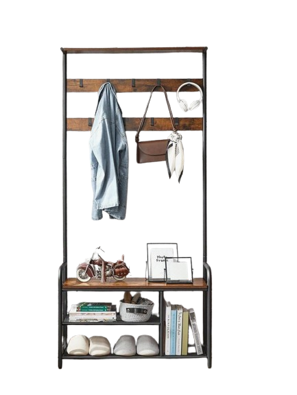 Industrial Coat Tree with Shoe Storage Bench – 9 Hooks