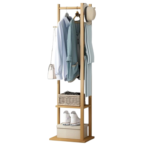 Bamboo Coat Stand with Garment Shelf and Hanging Rail