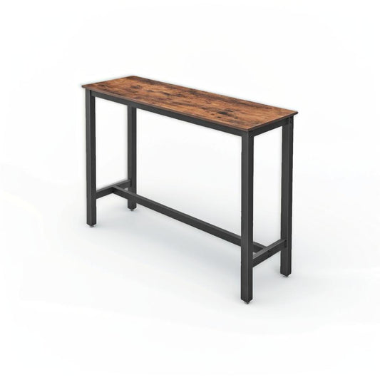 Wooden bar table with black metal legs on a white background
