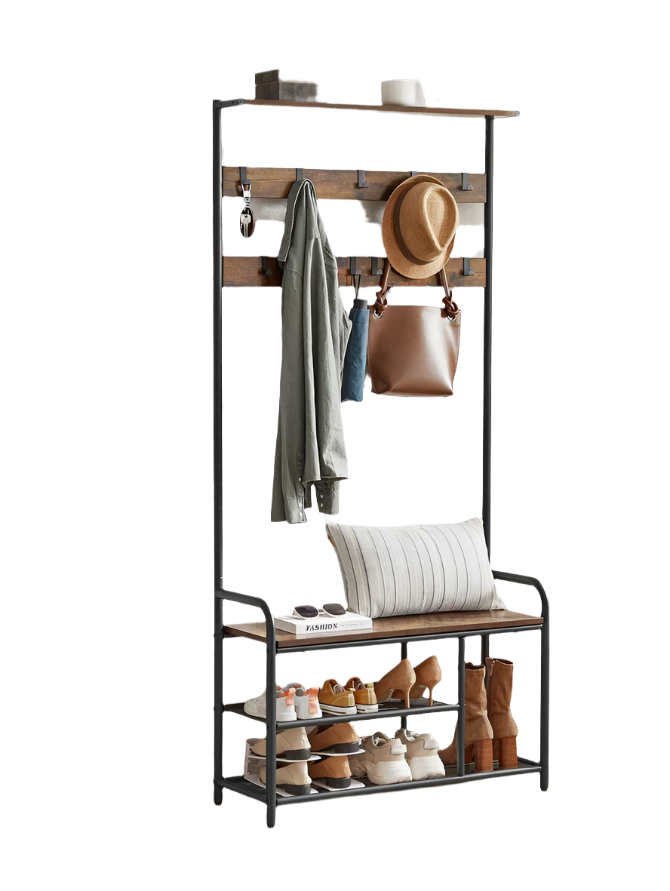 Industrial Coat Tree with Shoe Storage Bench – 9 Hooks