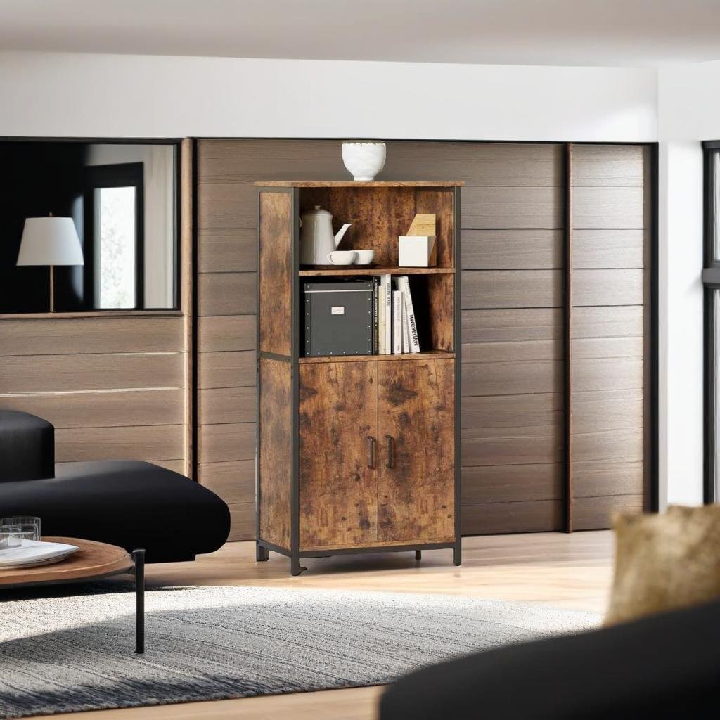 Freestanding Storage Cabinet with Adjustable Shelf – Rustic Brown & Black Bookcase
