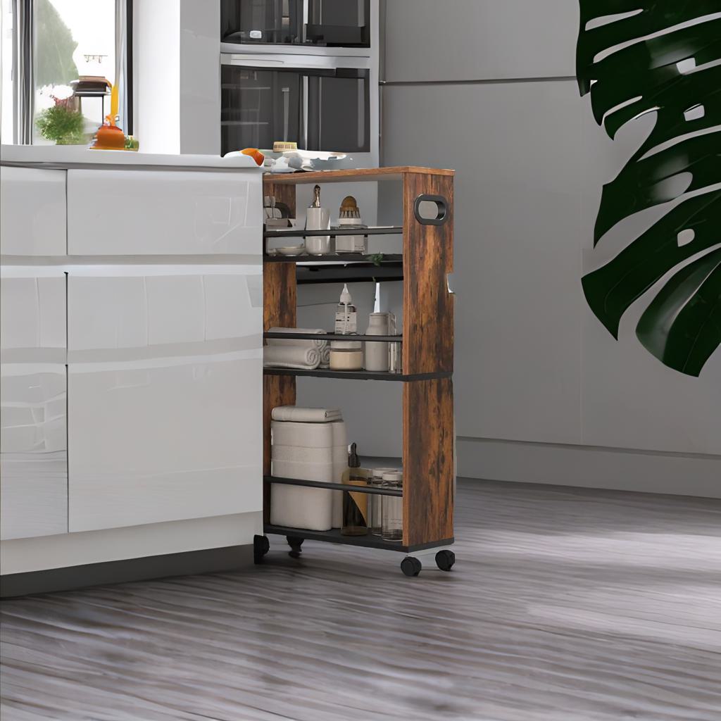 Slim 4-Tier Rolling Kitchen Trolley with Lockable Wheels – Narrow Utility Cart for Small Spaces