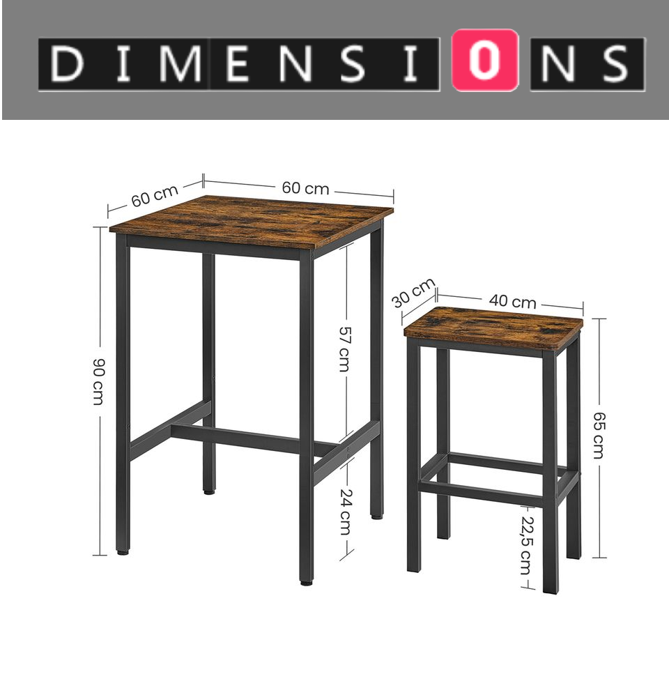 Compact Dining Table and 2 Chairs Set with Footrests, Industrial Style, Rustic Brown and Black