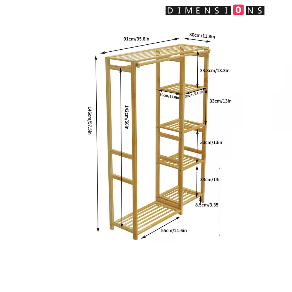 Large Bamboo Garment Rack with Clothes Rail and Shelves