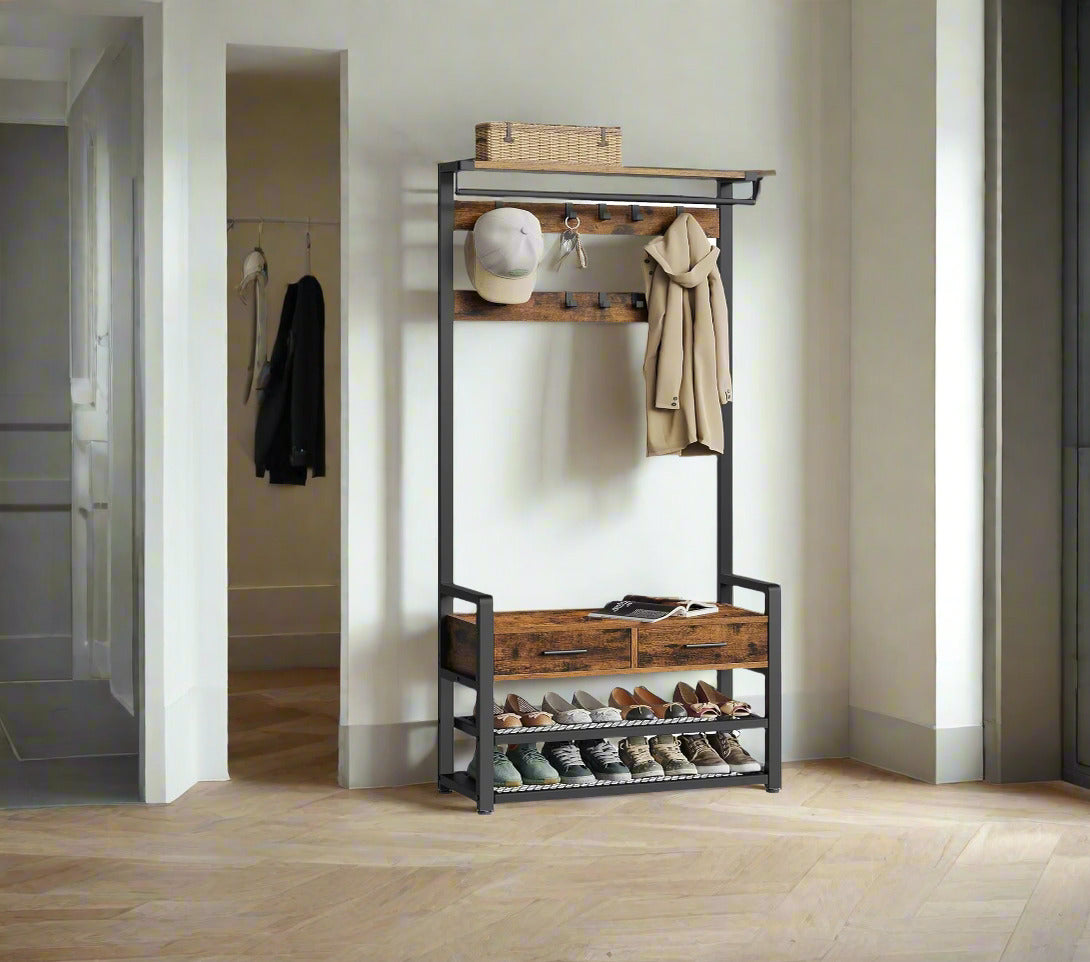 "Multifunctional 6-in-1 hall tree with coat hooks, drawers, clothing rail, bench, shoe rack, and shelves—ideal for modern entryways."