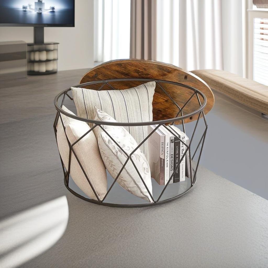 Industrial Round Coffee Table with Steel Frame