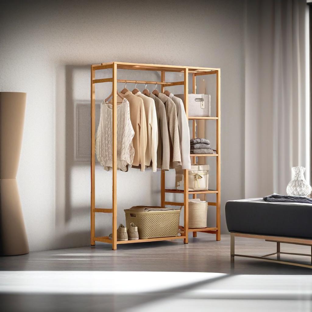 Large Bamboo Garment Rack with Clothes Rail and Shelves