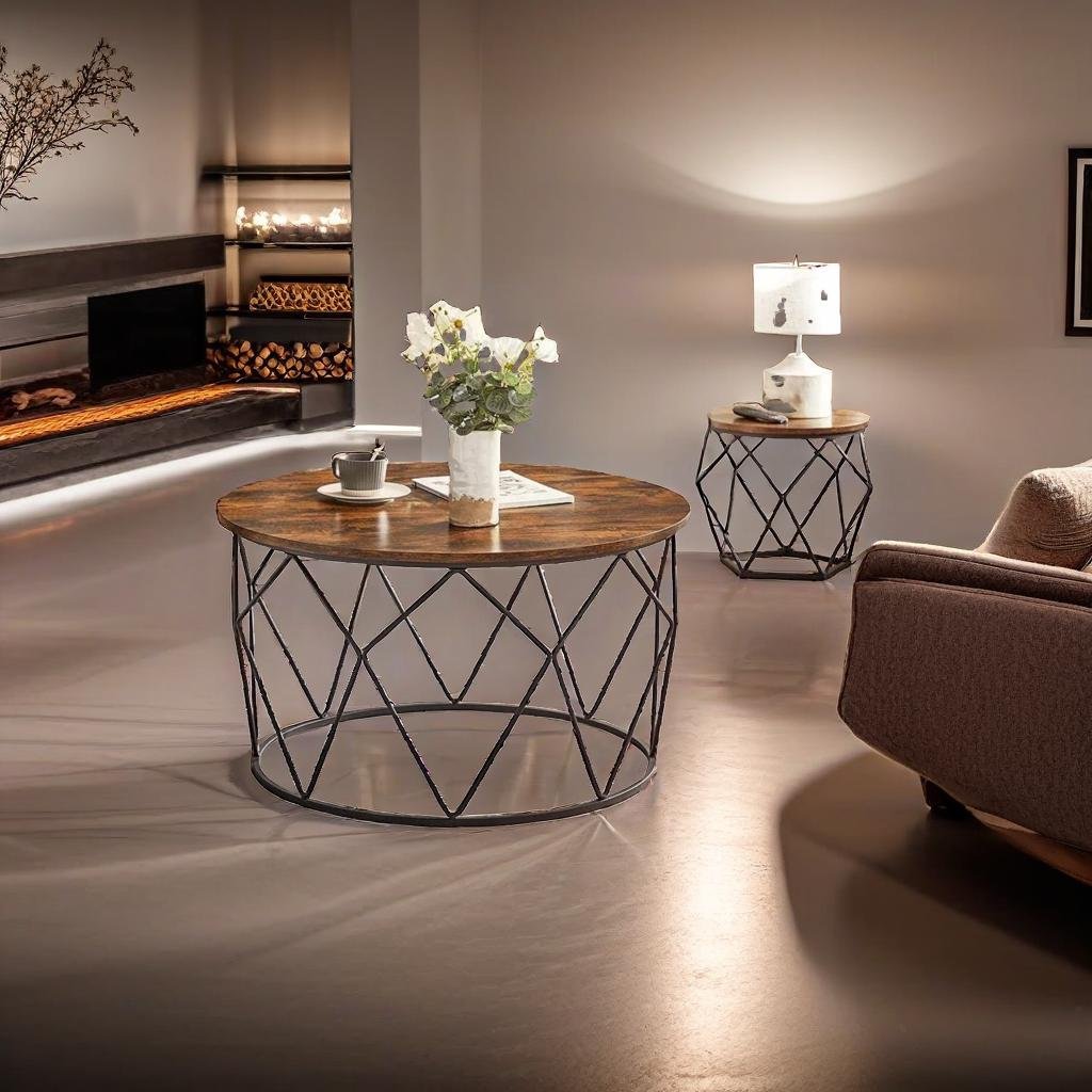 Industrial Round Coffee Table with Steel Frame