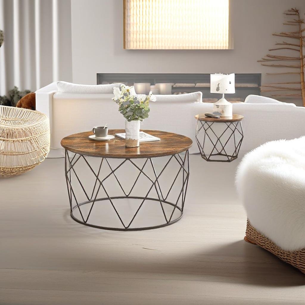 Industrial Round Coffee Table with Steel Frame