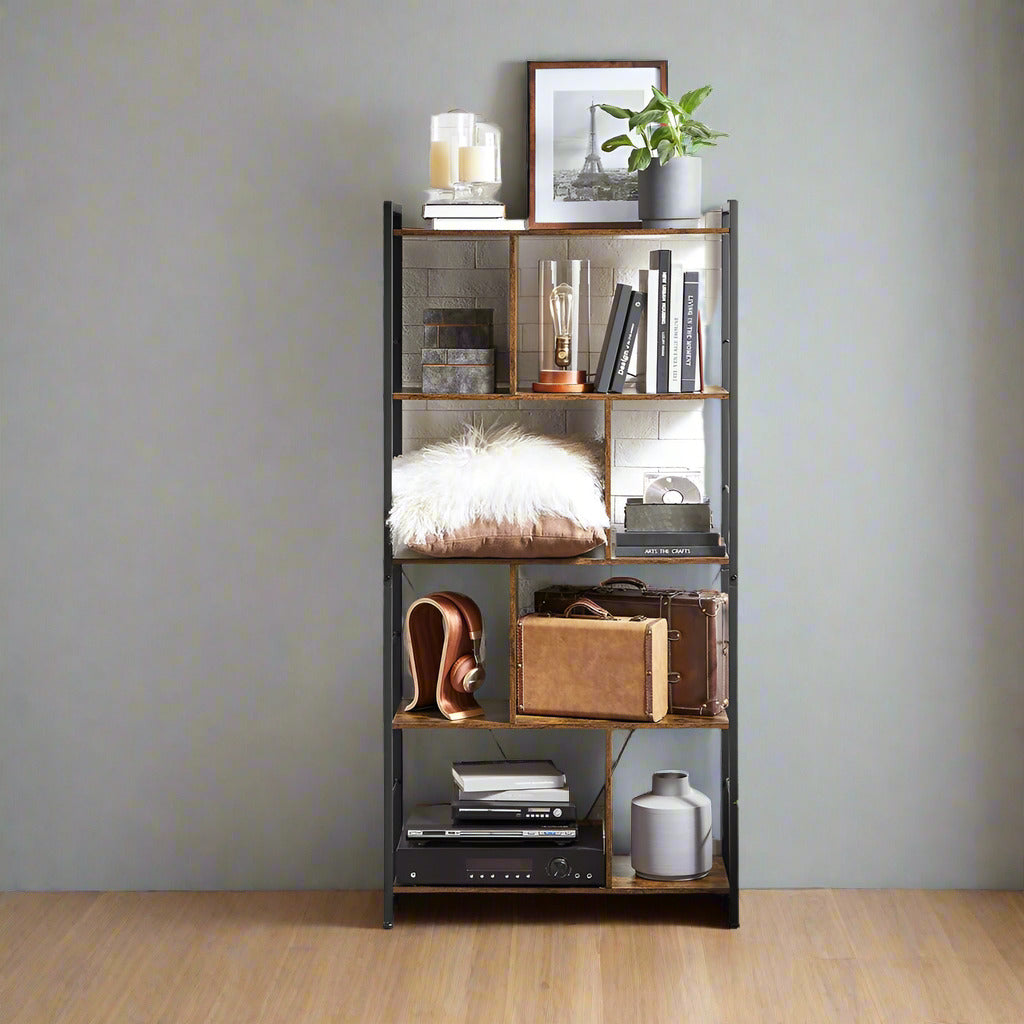 Bookshelf 5 Tier Rustic Brown Industrial Storage Shelf for Living Room Bedroom or Office
