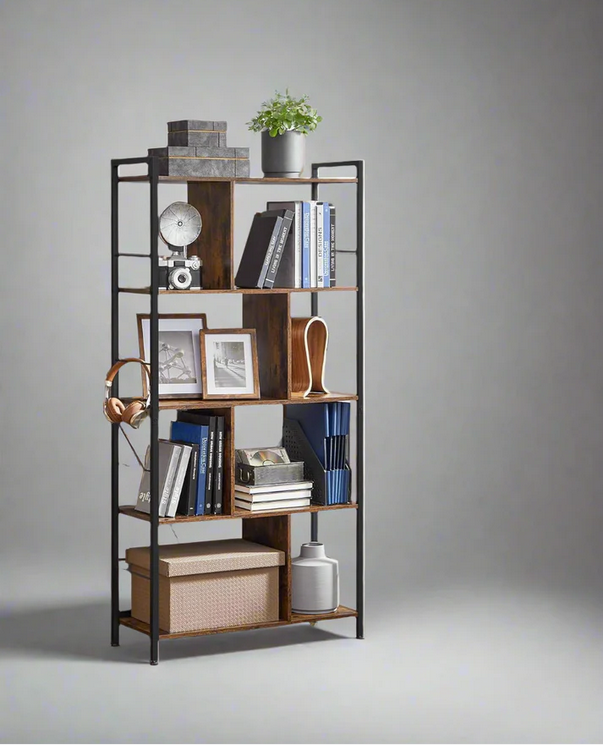 Bookshelf 5 Tier Rustic Brown Industrial Storage Shelf for Living Room Bedroom or Office