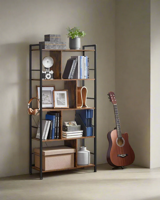 Rustic 5 tier industrial bookshelf with metal frame and safety bars for home or office storage