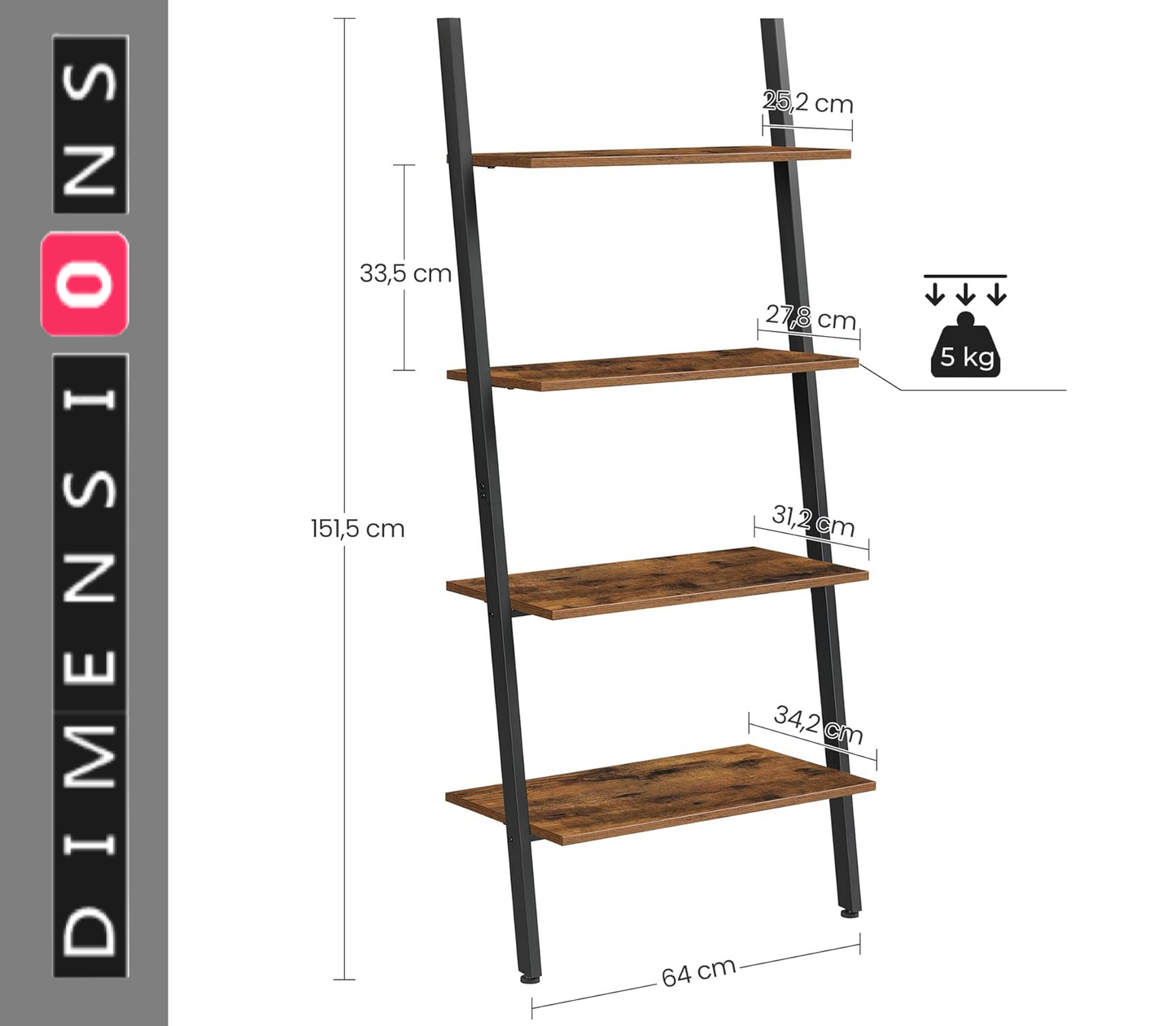Industrial 4-Tier Ladder Shelf – Wall-Leaning Bookshelf & Storage Rack