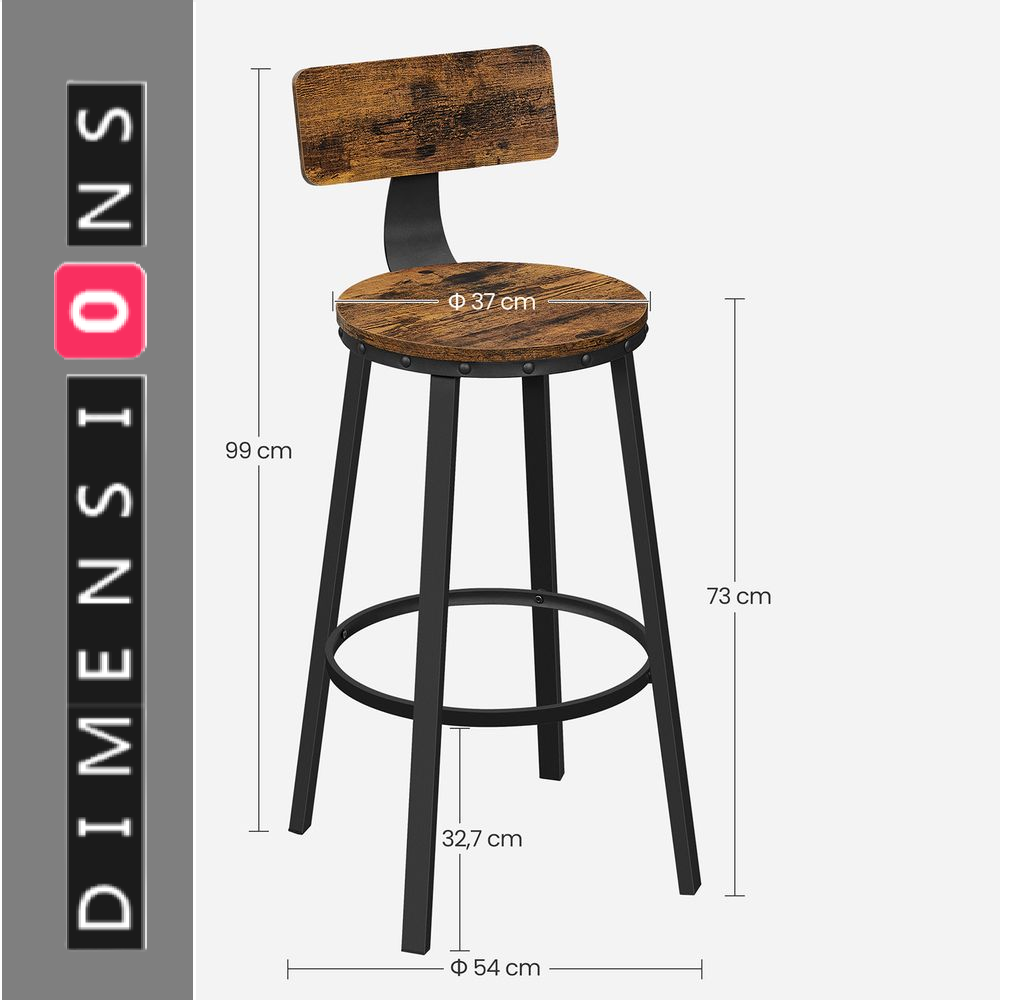 Set of 2 Industrial Bar Stools with Backrest | 73cm Tall Kitchen Breakfast Chairs