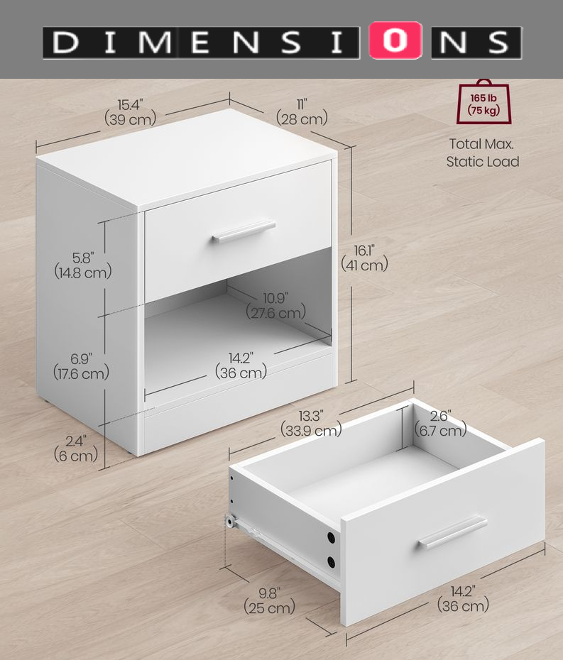 Set of Two White Bedside Table with Drawer – Modern Nightstand for Bedroom or Living Room