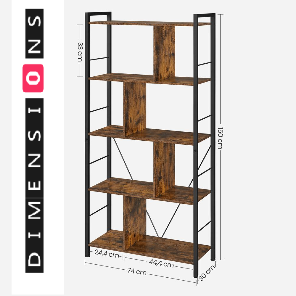 Bookshelf 5 Tier Rustic Brown Industrial Storage Shelf for Living Room Bedroom or Office