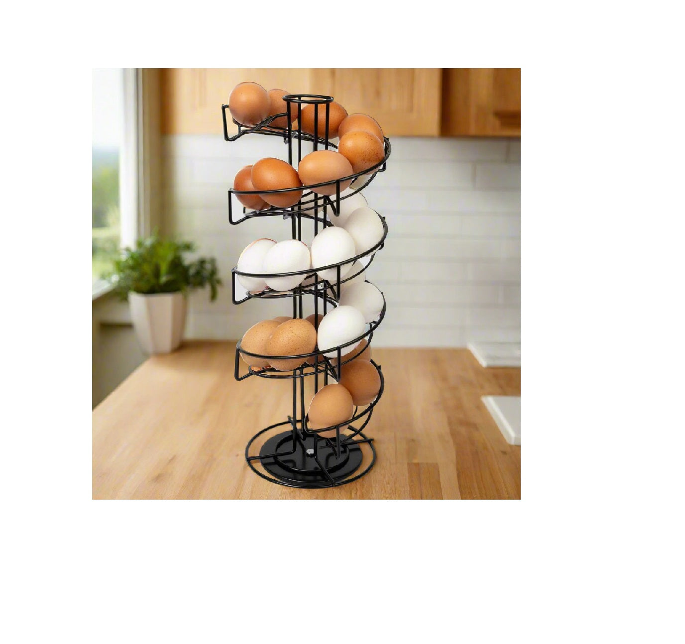 Black Spiral Egg Holder Rack Rotating Skelter Stand Holds 32 Eggs Kitchen Dispenser