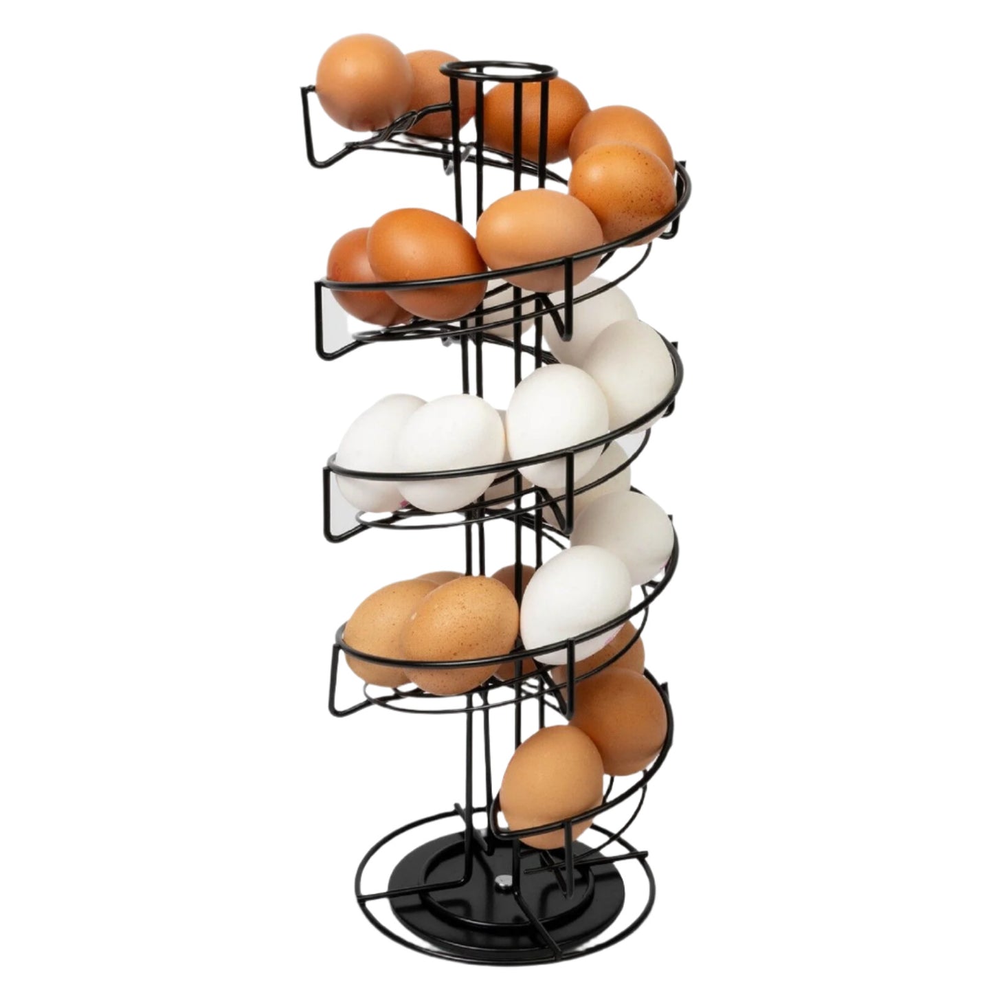 Black Spiral Egg Holder Rack Rotating Skelter Stand Holds 32 Eggs Kitchen Dispenser