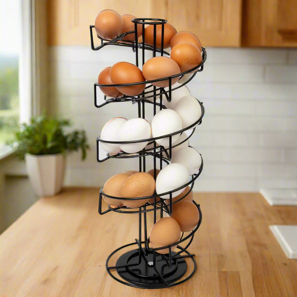 Black Spiral Egg Holder Rack Rotating Skelter Stand Holds 32 Eggs Kitchen Dispenser