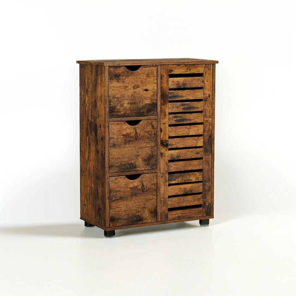 Rustic Bathroom Floor Cabinet with 3 Drawers & Adjustable Shelves – Wooden Storage Unit for Bathroom