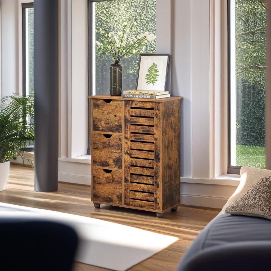 Rustic Bathroom Floor Cabinet with 3 Drawers & Adjustable Shelves – Wooden Storage Unit for Bathroom