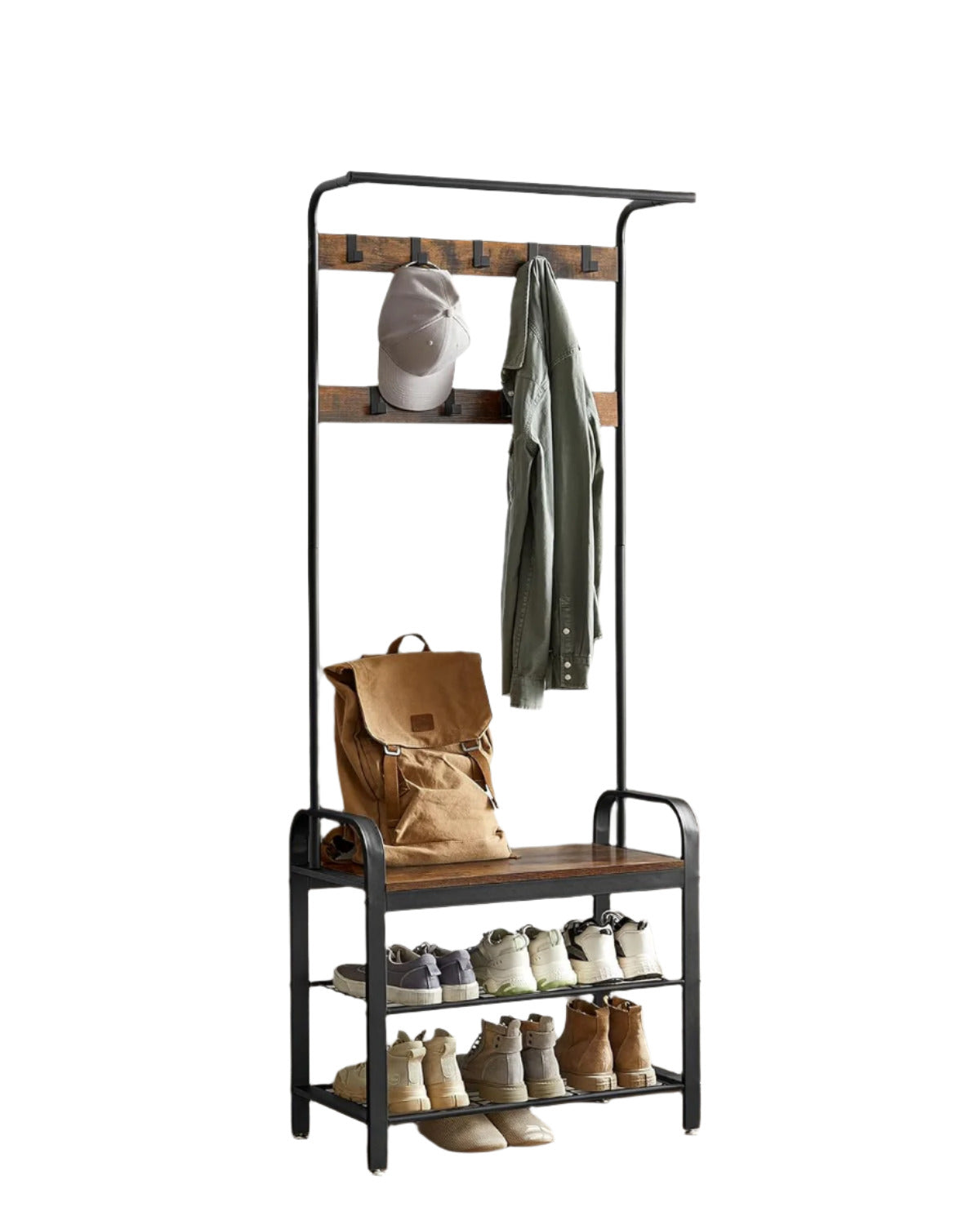 Industrial 4-in-1 Coat Rack with Shoe Bench – Hallway Clothes Stand with 9 Hooks