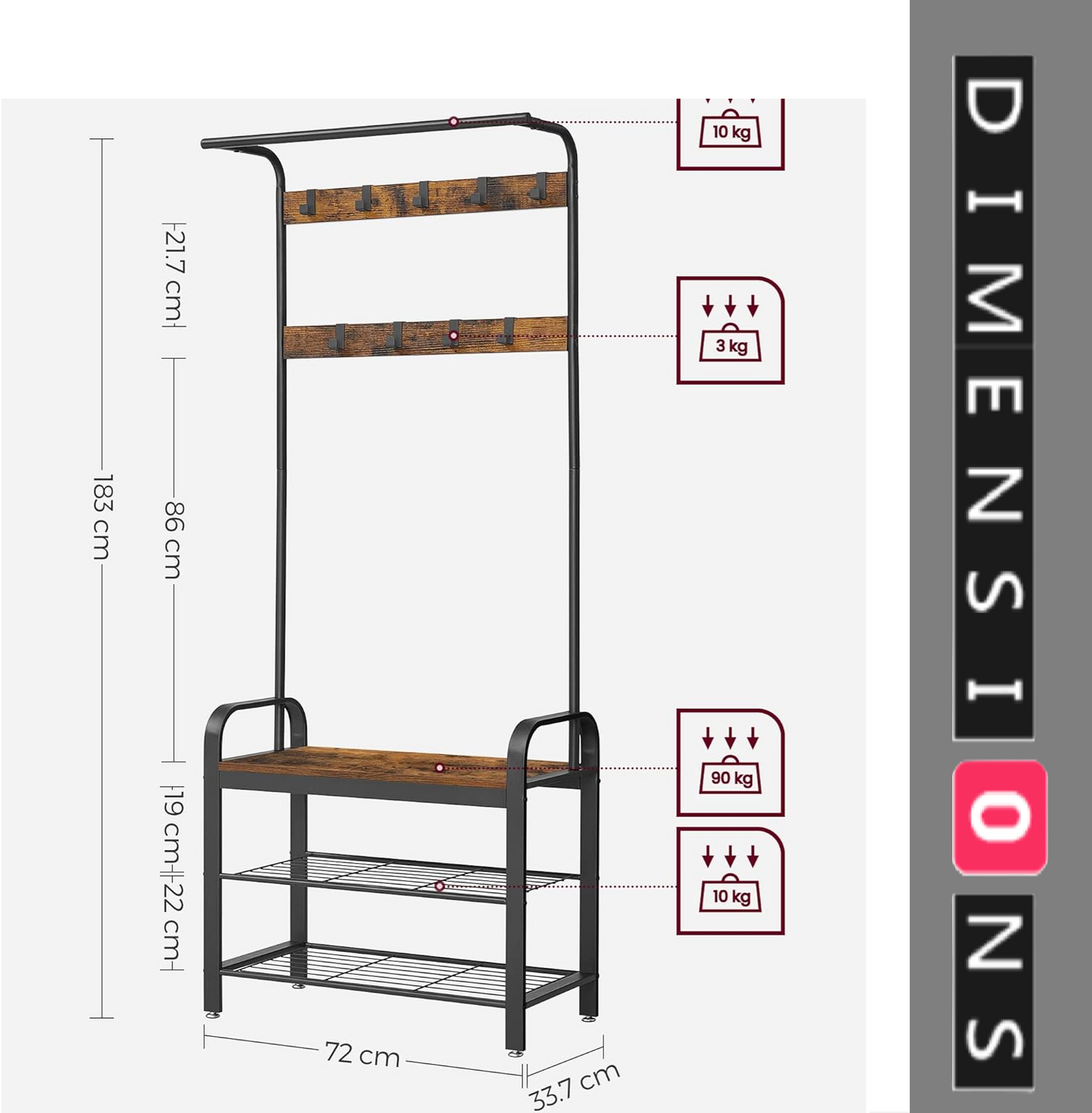 Industrial 4-in-1 Coat Rack with Shoe Bench – Hallway Clothes Stand with 9 Hooks