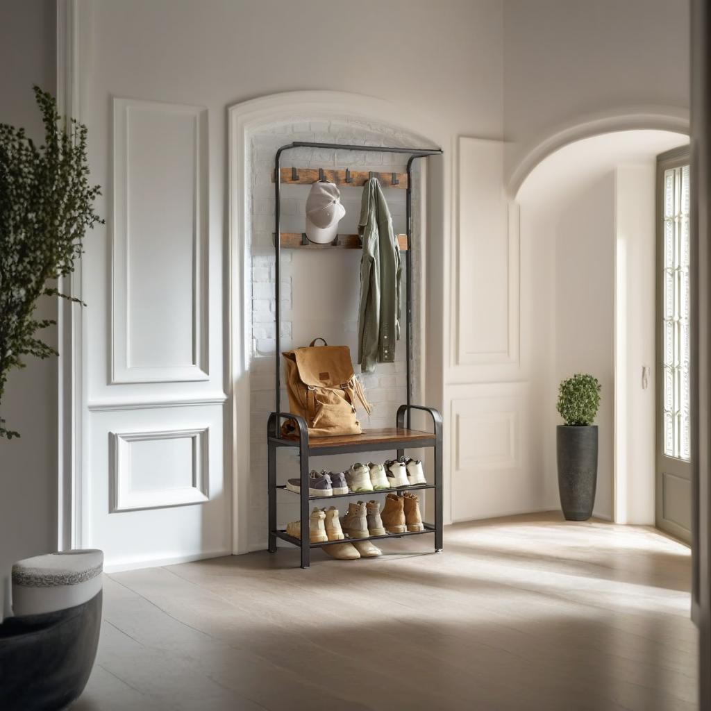 Rustic Coat Rack and Shoe Bench